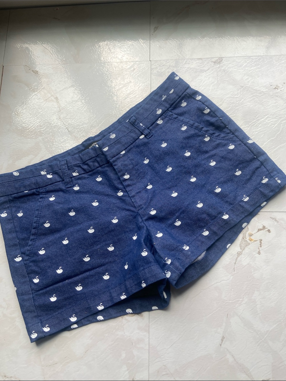 Harper M Navy Blue Swan Printed Denim Shorts